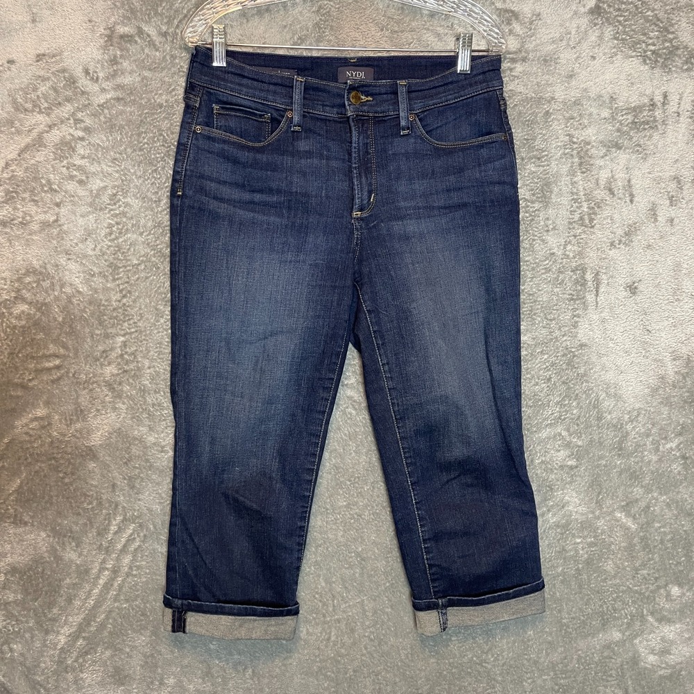 NYDJ Women Size 8 Dark Wash Stretch Lift Tuck Marilyn Straight Cuffed Capri Jean